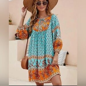 Bluetime Casual Dress 2XL Boho V Neck Babydoll Floral Print Flawy
